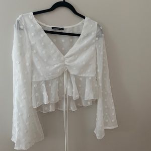 White Polka Dot V-Neck Blouse Bell Sleeves